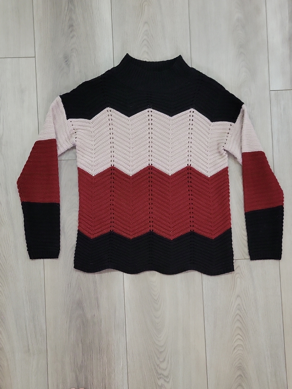 Chevron Stripe Turtleneck Sweater - Black, Light Pink & Deep Red